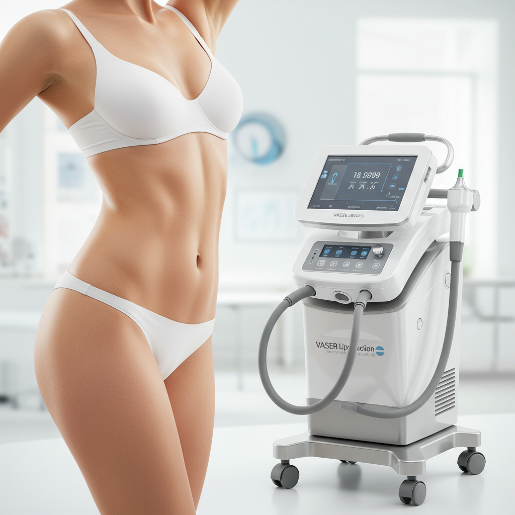 An image showing a slender, female body on the left, emphasizing results, and a modern VASER Liposuction machine on the right, set against a clean, professional background.